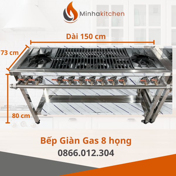 Công Suất Lớn – Tỏa Nhiệt Đều – Nấu Nhanh Là bếp gas công nghiệp, bếp giàn 8 họng có: Khả năng tỏa nhiệt đều, lửa mạnh, ổn định Giúp món ăn chín nhanh, giữ trọn hương vị Rút ngắn thời gian nấu, tăng tốc độ phục vụ thực khách 👉 Đặc biệt phù hợp với các bếp phải hoạt động liên tục trong giờ cao điể