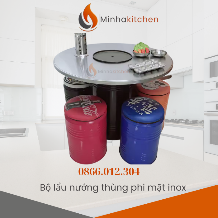 Trong phân khúc thiết kế nhà hàng lẩu nướng năm 2026, dòng bàn thùng phi inox quán lẩu nướng đang dẫn đầu xu hướng nhờ phong cách Industrial (công nghiệp) bụi bặm nhưng cực kỳ bền bỉ. Tại Minhakitchen, đây là sản phẩm "Best-seller" được các chủ quán từ vỉa hè đến nhà hàng sang trọng ưu tiên lựa chọn để tạo điểm nhấn khác biệt.