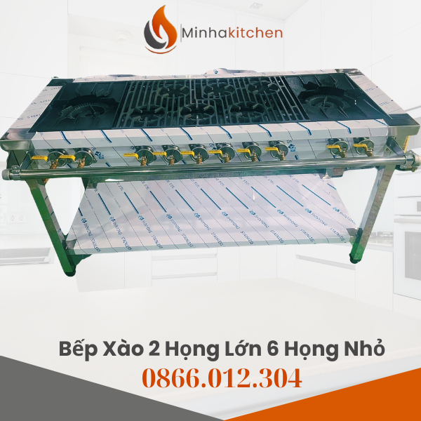 Bếp gas công nghiệp 8 họng là dòng bếp chuyên dụng cho nhà hàng, sử dụng gas công nghiệp, thiết kế 8 họng đốt riêng biệt, cho phép nấu cùng lúc nhiều món ăn với cường độ cao.