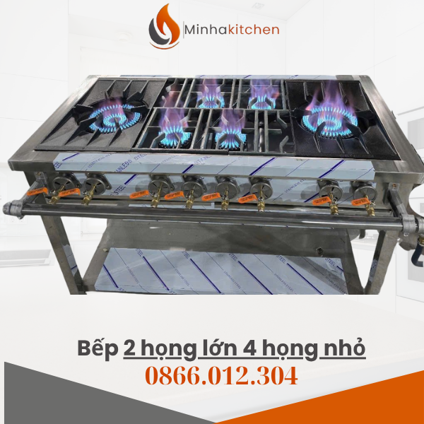 1. Giới thiệu về bếp công nghiệp 2 họng lớn 4 họng nhỏ Bếp công nghiệp 2 họng lớn 4 họng nhỏ là thiết bị nấu nướng chuyên dụng cho nhà hàng, quán ăn Hàn Quốc, quán mì cay, quán cơm rang, quán ăn bình dân hoặc bếp ăn công nghiệp. Sản phẩm được thiết kế kết hợp thông minh giữa 2 họng to và 4 họng nhỏ, giúp tối ưu quy trình nấu ăn, rút ngắn thời gian chế biến, đồng thời tiết kiệm nhiên liệu đáng kể.