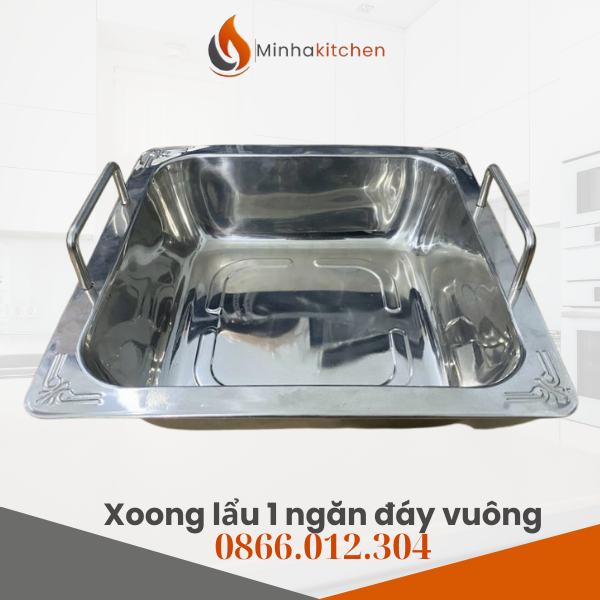 Trong các bữa tiệc quây quần hay những buổi tụ tập tại nhà hàng, nồi lẩu inox vuông 1 ngăn luôn là dụng cụ không thể thiếu. Đặc biệt, dòng sản phẩm xoong lẩu inox đáy vuông kích thước 330x330 đang được nhiều nhà hàng, khách sạn và hộ gia đình lựa chọn bởi thiết kế hiện đại, dung tích lớn gần 9 lít, phù hợp phục vụ từ 5 – 6 người trở lên. Với chất liệu inox cao cấp, nồi không chỉ bền đẹp mà còn an toàn cho sức khỏe và dễ vệ sinh.