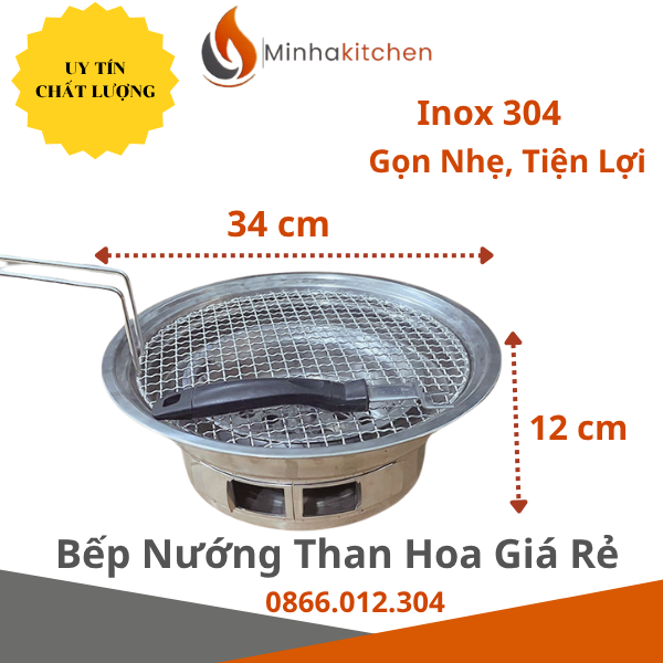 Bếp nướng than hoa inox 304 kích thước nhỏ gọn, dễ dùng, phù hợp quán nướng vỉa hè. Kèm đề xuất quạt hút khói di động 1500 m³/h — tìm hiểu chi tiết.