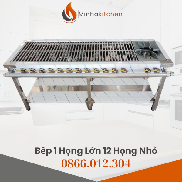 1. Giới thiệu bếp công nghiệp Hàn Quốc 1 họng lớn 12 họng nhỏ Bếp công nghiệp Hàn Quốc 1 họng lớn 12 họng nhỏ là lựa chọn tối ưu cho các nhà hàng, quán ăn, khách sạn cần chế biến nhiều món ăn cùng lúc với tốc độ nhanh, lửa mạnh và độ bền cao. Sản phẩm được thiết kế theo tiêu chuẩn bếp Hàn Quốc, giúp các đầu bếp dễ dàng xào, khè, nấu canh, kho, chiên… trên cùng một thiết bị. Với 1 họng lớn 2 vòng lửa chuyên để khè, xào món cần nhiệt lượng cao và 12 họng nhỏ 1 vòng lửa để chế biến các món thông thường, bếp mang lại sự linh hoạt và tiết kiệm không gian.
