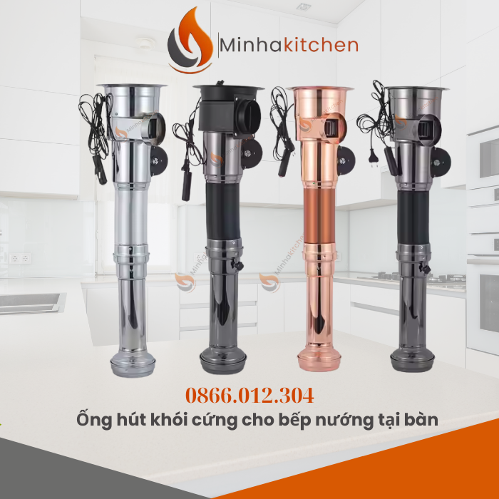 The copper semi-rigid BBQ smoke extractor pipe is a vertical, downward-extraction pipe installed directly above tabletop BBQ grills.