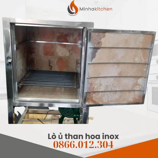 Lò ủ than BBQ inox tại Minh Hà Kitchen giữ nhiệt bằng gạch chịu 1500°C, quạt con sên 75W, 2 ngăn than-tro — phù hợp quán nướng, nhà hàng. Xem chi tiết và liên hệ.