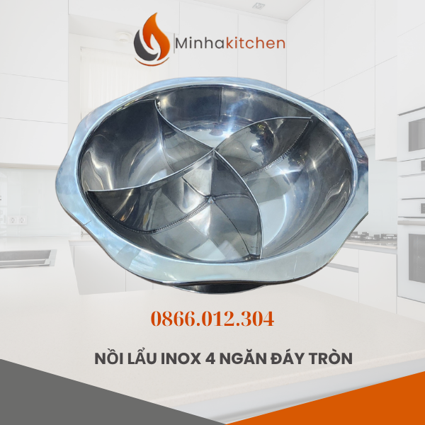 Trong xu hướng ăn uống đa dạng, thích nghi nhiều loại nước lẩu khác nhau, nồi lẩu inox đáy tròn 4 ngăn đã trở thành vật dụng không thể thiếu trong các nhà hàng BBQ hay gia đình yêu thích tiệc lẩu. Tại Minhakitchen.com, chúng tôi cung cấp sản phẩm nồi lẩu inox đáy tròn 4 ngăn chính hãng, bền, đẹp và an toàn tuyệt đối.