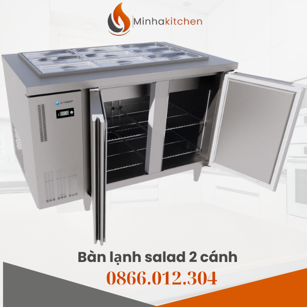ong các bếp ăn khách sạn, nhà hàng buffet hay khu hội nghị cao cấp, bàn lạnh salad 2 cánh 1m2 là thiết bị vừa bảo quản vừa trưng bày thực phẩm chuyên nghiệp. Sản phẩm giúp giữ rau củ, sốt, topping luôn tươi mát, đồng thời đóng vai trò mặt bàn thao tác chế biến salad, sandwich hoặc pizza, giúp đầu bếp tiết kiệm không gian và thời gian vận hành.