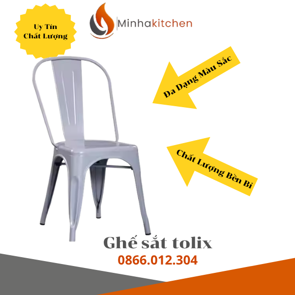 Ghế sắt Tolix W430xD430xH760, khung tráng kẽm sơn tĩnh điện, nhiều màu bền, dễ lau chùi. Bài tư vấn cho chủ quán nướng/nhà hàng — tham khảo lựa chọn và lưu ý lắp đặt.