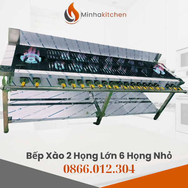 Bếp giàn gas công nghiệp Hàn Quốc với cấu hình 6 họng nhỏ và 2 họng to (tổng cộng 8 họng) Thông số kỹ thuật của Bếp Xào Hàn Quốc 2 Họng Lớn 6 Họng Nhỏ