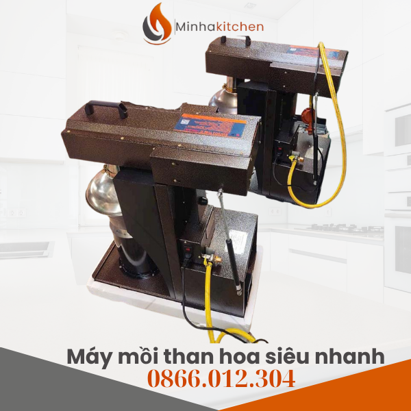 Máy mồi than bếp nướng là thiết bị chuyên dụng dùng gas kết hợp điện để đốt than hoa đạt trạng thái hồng đều chỉ trong 1–2 phút. Than sau khi mồi có thể sử dụng ngay cho bếp nướng tại bàn mà không cần chờ đợi.