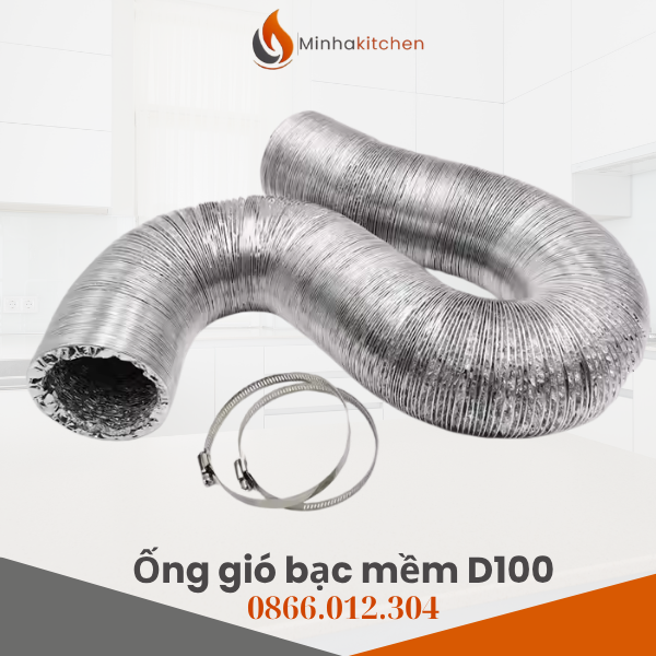 Ống Bạc Mềm Đàn Hồi D100 Là Gì? Ống bạc mềm đàn hồi D100 là ống gió mềm có đường kính 100mm, được cấu tạo từ màng nhôm mỏng cao cấp kết hợp khung thép lò xo xoắn, tạo nên kết cấu: Dẻo dai Co giãn linh hoạt Dễ uốn cong theo mọi hướng Sản phẩm chuyên dùng để dẫn gió, hút khói, hút mùi, dẫn khí nóng trong bếp gia đình, bếp công nghiệp, nhà xưởng và các hệ thống máy móc.