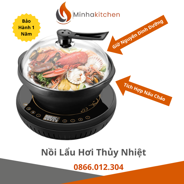 Nồi lẩu hơi thủy nhiệt 34cm, 2200W — giữ dinh dưỡng và nấu chín đồng đều. Thích hợp nhà hàng nhỏ, quán lẩu, và gia đình. Xem chi tiết sản phẩm tại Minh Hà Kitchen.