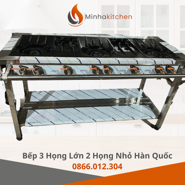 ếp 3 họng lớn 2 họng nhỏ Hàn Quốc (hay còn gọi là bếp 5 họng xào) chính là lựa chọn số 1 nhờ thiết kế đa năng, cho phép chế biến nhiều món cùng lúc từ xào, nấu đến hầm, kho.