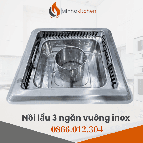 Nồi lẩu 3 ngăn vuông inox- Mua Nồi Lẩy 3 Ngăn Inox Nhà Hàng Giá Rẻ