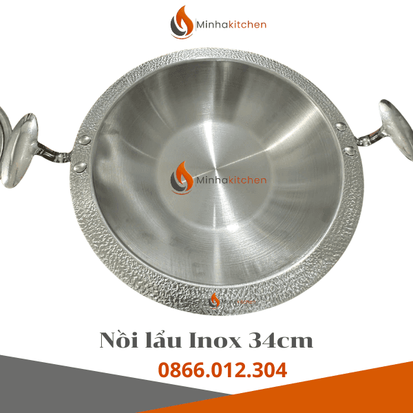 Nồi Lẩu Một Ngăn Inox 34cm, Xoong Lẩu 2 Quai Inox Đường Kính 34cm